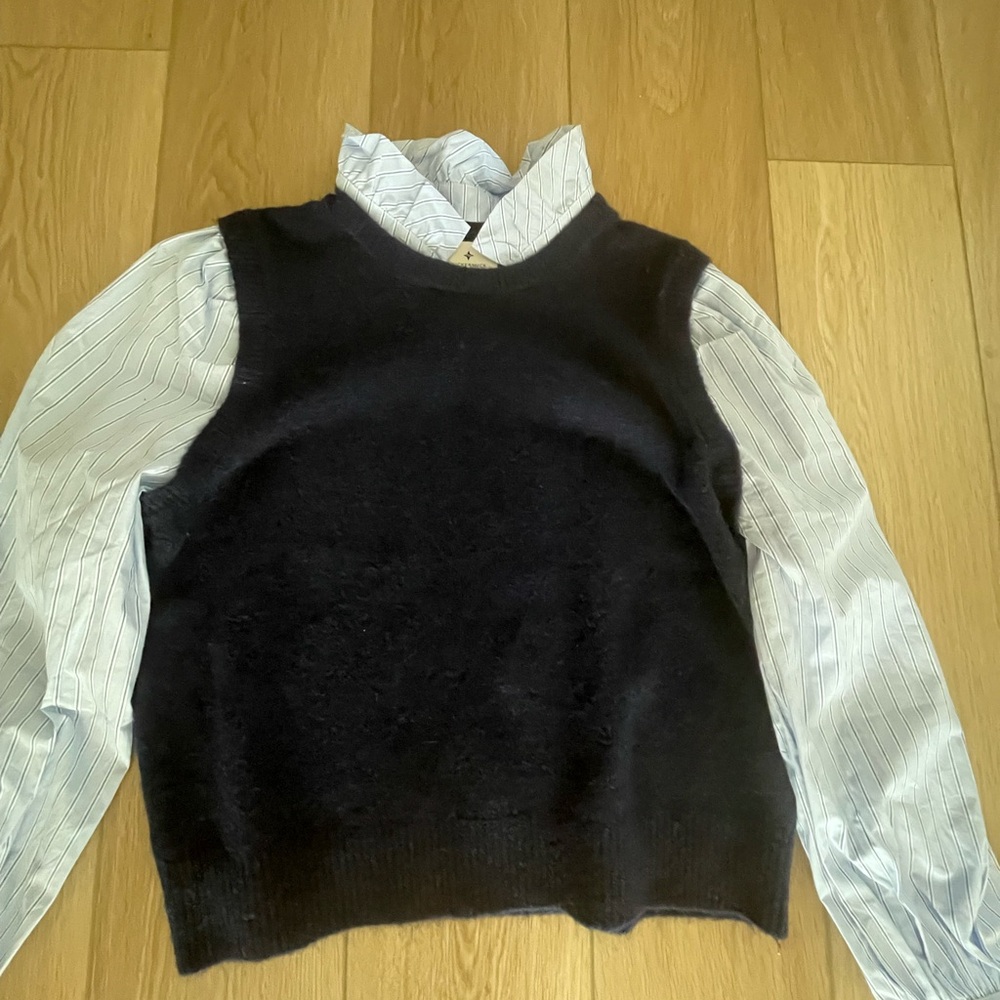 Tuckernuck Navy Blue Women's Sweater with ruffled collar and pinstripe blouse